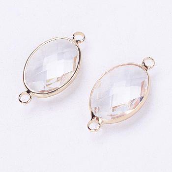 Glass Links connectors, with Brass Findings, Faceted, Oval, Light Gold, Clear, 25x13.5x6mm, Hole: 2mm