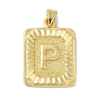 Rack Plating Brass Pendants, Long-Lasting Plated, Lead Free & Cadmium Free, Square with Letter Charms, Letter P, 24x17x2.5mm, Hole: 4x3.5mm