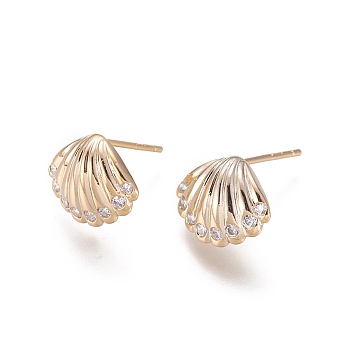 Brass Micro Pave Cubic Zirconia Ear Stud Components, with Loop and Sterling Silver Ear Pins, Shell, Long-Lasting Plated, Real 18K Gold Plated,10x12x3mm, Hole: 1mm, Pin: 0.8mm