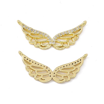 Brass Micro Pave Clear Cubic Zirconia Connector Charms, Wing Links, Real 18K Gold Plated, 13.5x29x2mm, Hole: 1.2mm