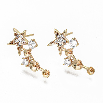Brass Micro Pave Clear Cubic Zirconia Earring Findings, for Half Drilled Beads, Nickel Free, Star, Real 18K Gold Plated, 21x10mm, Pin: 0.7mm, Pin: 0.6mm(for half drilled beads)