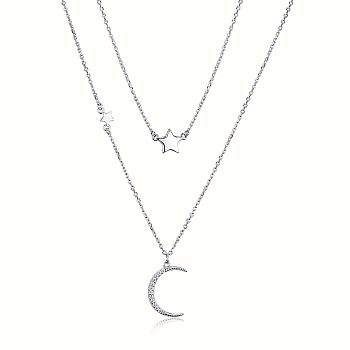 925 Sterling Silver Double Layer Cable Chain Moon Star Pendant Necklaces for Women, Silver, 16.54 inch(42cm)