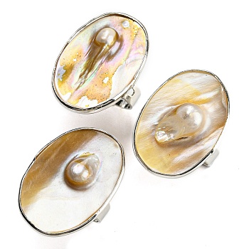Freshwater Shell with Pearl Adjustable Finger Rings for Girl Women, Platinum Brass Rings, Oval, 4mm, Inner Diameter: 18mm, Oval: 31x23mm