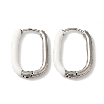 304 Stainless Steel & Enamel Hoop Earrings for Women, Rectangle, Stainless Steel Color, White, 20.5x16x3mm