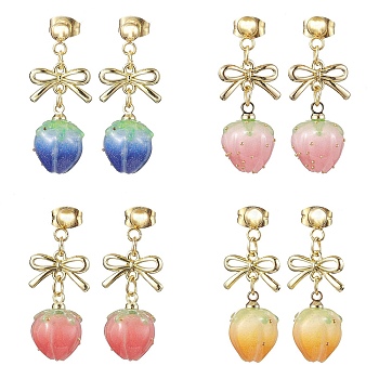 4Pairs 4 Colors Resin Stud Earring, with Alloy Links Bowknot Connectors and 304 Stainless Steel Stud Earring Findings, Strawberry, Mixed Color, 30x12.5mm, 4pairs/set