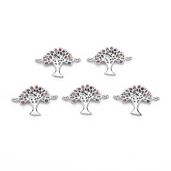 Brass Micro Pave Cubic Zirconia Links, Tree, Colorful, Platinum, 13x18.5x2.5mm, Hole: 1mm