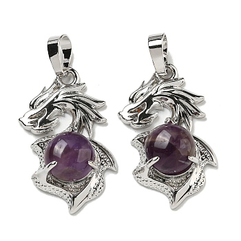 Natural Amethyst Pendants, Dragon Charms with Rack Plating Brass Findings, Platinum, Cadmium Free & Lead Free, 31x18x8~10mm, Hole: 5x8mm