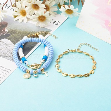 Stretch & Beaded & Link Chain Bracelets Sets, with Handmade Polymer Clay  Beads, Brass Pendant, Alloy Links, Cornflower Blue, Inner Diameter: 2-5/8  inch(6.8cm), 7.48 inch(190mm), 7.28 inch(185mm), 3pcs/set