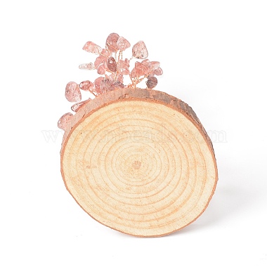 Natürliche Erdbeerquarzsplitter mit messingumwickeltem Geldbaum aus Draht auf Holzsockel als Dekoration(DJEW-B007-05E)-3