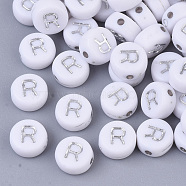 Plating Acrylic Beads, Silver Metal Enlaced, Horizontal Hole, Flat Round with Letter, White, Letter.R, 7x4mm, Hole: 1.2mm, about 3600pcs/500g.(PACR-R243-04R)
