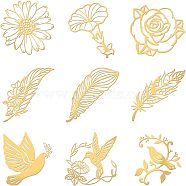 9Pcs 9 Styles Custom Carbon Steel Self-adhesive Picture Stickers, Golden, Flower & Leaf & Bird, Mixed Patterns, 40x40mm, 1pc/style(DIY-OC0009-17E)