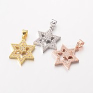 Star of David Brass Micro Pave Cubic Zirconia Pendants, for Jewish, Lead Free & Nickel Free, Mixed Color, 20x18x3mm, Hole: 3x4mm(ZIRC-I014-31-FF)