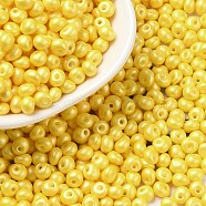 6/0 Glass Seed Beads, Opaque Colours Luster, Teardrop, Yellow, 4~5x4~4.5x3~4mm, Hole: 0.8~0.9mm, about 5625pcs/pound(SEED-L011-08A-17)