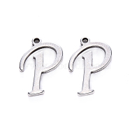 201 Stainless Steel Charms, Laser Cut, Stainless Steel Color, Letter.P, 14x9.5x1mm, Hole: 1mm(STAS-R105-P)