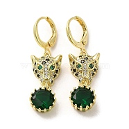 Leopard Head Real 18K Gold Plated Brass Micro Pave Cubic Zirconia Dangle Leverback Earrings, Glass Drop Earrings, Green, 37.5x11mm(EJEW-Q797-15G)