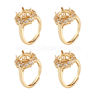 4Pcs Adjustable Brass Micro Pave Clear Cubic Zirconia Finger Ring Components, 4 Claw Prong Ring Settings, Long-Lasting Plated, Flower, Golden, US Size 7(17.3mm), Tray: 10x8mm(ZIRC-NB0002-06G)