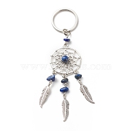 Natural Lapis Lazuli Keychain, with Iron, 304 Stainless Steel & Alloy Findings, Woven Net/Web with Feather, 11.4~11.8cm(KEYC-JKC00346-05)