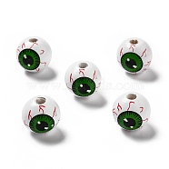 Halloween Spray Painted Wood Beads, Round with Green Eye Pattern, White, 15.5~16x14.5~15mm, Hole: 4mm(WOOD-C002-02)