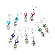 Lampwork Evil Eye with Hamsa Hand Dangle Earrings, Alloy Jewelry for Women, Mixed Color, 50mm, Pin: 0.7mm(EJEW-JE05007)