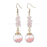 Natural Rose Quartz Chips Dangle Earrings, Glass Wish Ball Drop Earrings, 66.5x16mm(EJEW-JE05634-02)