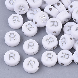 Plating Acrylic Beads, Silver Metal Enlaced, Horizontal Hole, Flat Round with Letter, White, Letter.R, 7x4mm, Hole: 1.2mm, about 3600pcs/500g.(PACR-R243-04R)