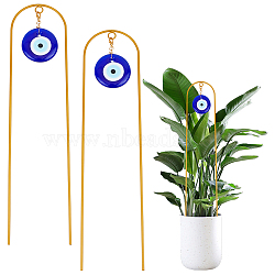 Iron Plant Support Stands, with Glass Evil Eye Charm, Golden, 420mm, 2pcs/set(DIY-OC00002)