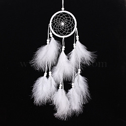 Polyester Woven Web/Net with Feather Wind Chime Pendant Decorations, with ABS Ring, Wood Bead, for Garden, Wedding, Lighting Ornament, White, 110mm(PW22111460759)