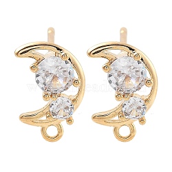 Brass Clear Cubic Zirconia Stud Earring Findings, with Loop, Real 18K Gold Plated, Moon, 11x7mm, Hole: 1mm, Pin: 12x0.7mm(KK-A238-01D-G)