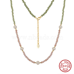 Natural Freshwater Pearl & 925 Sterling Silver Beaded Necklaces for Women, Round Natural Pink Opal & Natural Peridot Beaded Necklaces, Real 14K Gold Plated, 15.87 inch(40.3cm)(NJEW-G154-04G)