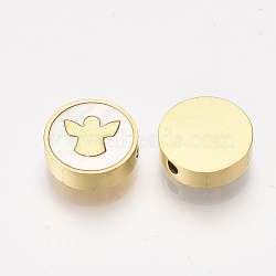 304 Stainless Steel Beads, with Shell, Flat Round with Angel, Golden, 9.5~10x3mm, Hole: 1.5mm(STAS-S079-78A)