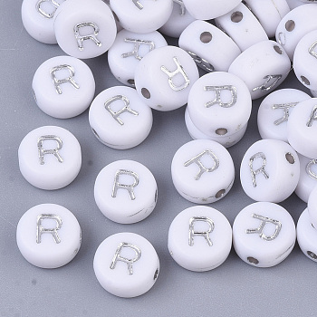 Plating Acrylic Beads, Silver Metal Enlaced, Horizontal Hole, Flat Round with Letter, White, Letter.R, 7x4mm, Hole: 1.2mm, about 3600pcs/500g.