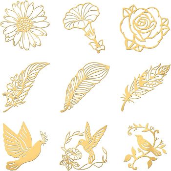 9Pcs 9 Styles Custom Carbon Steel Self-adhesive Picture Stickers, Golden, Flower & Leaf & Bird, Mixed Patterns, 40x40mm, 1pc/style