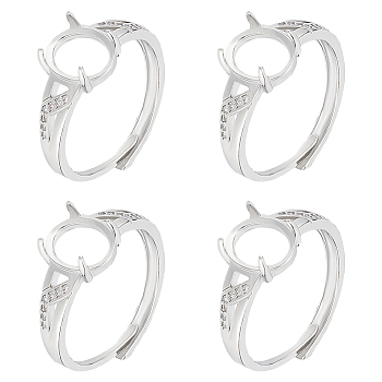 4Pcs Adjustable Brass Finger Ring Components, 4 Claw Prong Ring Settings, with Clear Cubic Zirconia, Platinum, Inner Diameter: 17mm, Tray: 9.5x8mm