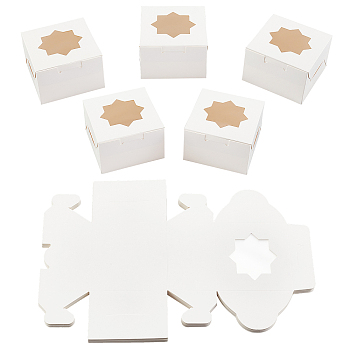 SUPERFINDINGS Individual Kraft Paper Cake Box, Bakery Single Cupcake Packing Box, Square with Octagonal-shaped Clear Window, White, 100x100x65mm