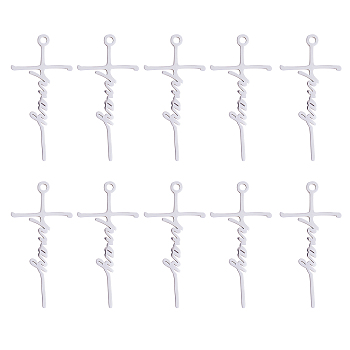 304 Stainless Steel Pendants, Cross with Word Pray Charm, Stainless Steel Color, 40.2x19.7mm