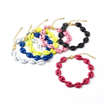 Alloy Coffee Bean Chain Bracelets, with Golden Plated Brass Lobster Claw Clasps, Mixed Color, 7-5/8 inch(19.5cm)