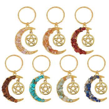 14Pcs 7 Styles Chakra Theme Moon & Star Alloy Gemstone Keychain, with Iron Split Key Rings, 6.5cm, 2pcs/style