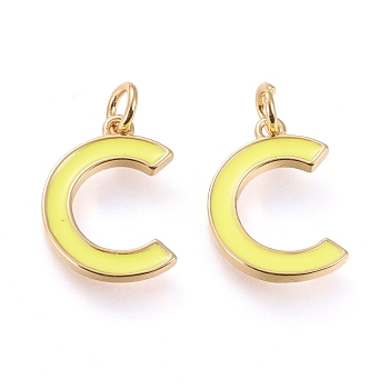 Brass Enamel Pendants, with Jump Ring, Long-Lasting Plated, Real 18K Gold Plated, Letter.C, Champagne Yellow, Letter.C, C: 17x12x1.8mm, Jump Rings: Inner Diameter: 3mm