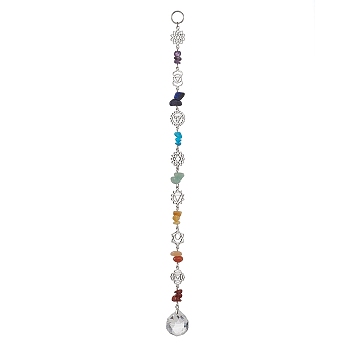 Teardrop Glass with Alloy Pendant Decoraton, 7 Colors Yoga Chakra Natural & Synthetic Gemstone Chip Suncatchers Garden Outdoor Decoraton, Platinum, 290mm