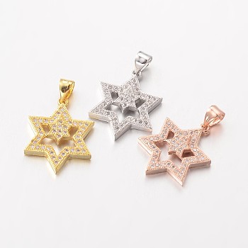 Star of David Brass Micro Pave Cubic Zirconia Pendants, for Jewish, Lead Free & Nickel Free, Mixed Color, 20x18x3mm, Hole: 3x4mm