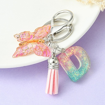 Resin & Acrylic Keychains, with Alloy Split Key Rings and Faux Suede Tassel Pendants, Letter & Butterfly, Letter D, 8.6cm