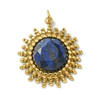Ion Plating(IP) 304 Stainless Steel Pave Faceted Natural Lapis Lazuli Pendants, Sun Charms, Real 14K Gold Plated, 22x19.5x5mm
