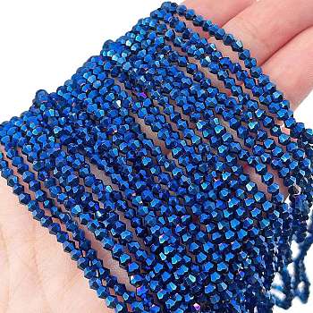 Transparent Electroplate Glass Beads Strands, Full Plated, Faceted, Bicone, Blue Plated, 3x2.5mm, Hole: 0.7mm, about 145~150pcs/strand, 16.34~16.54 inch(41.5~42cm)