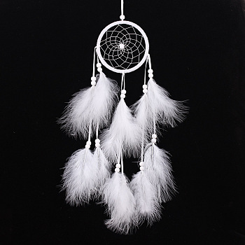 Polyester Woven Web/Net with Feather Wind Chime Pendant Decorations, with ABS Ring, Wood Bead, for Garden, Wedding, Lighting Ornament, White, 110mm
