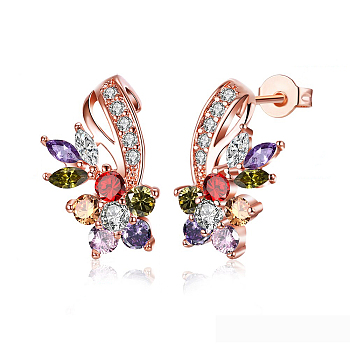 Trendy Brass Cubic Zirconia Ear Stud, Flower, Colorful, Rose Gold, 18x11mm