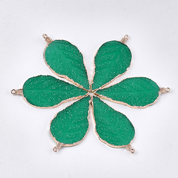 Electroplate Druzy Resin Big Pendants, with Iron Findings, Leaf, Light Gold, Sea Green, 56~57x27~28x3mm, Hole: 1.6mm