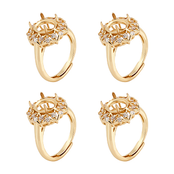 4Pcs Adjustable Brass Micro Pave Clear Cubic Zirconia Finger Ring Components, 4 Claw Prong Ring Settings, Long-Lasting Plated, Flower, Golden, US Size 7(17.3mm), Tray: 10x8mm