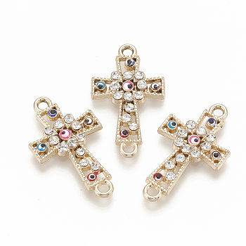 Alloy Rhinestone Links connectors, with Enamel, Cross with Evil Eye, Light Gold, 26.5x15x2.5mm, Hole: 1.8mm