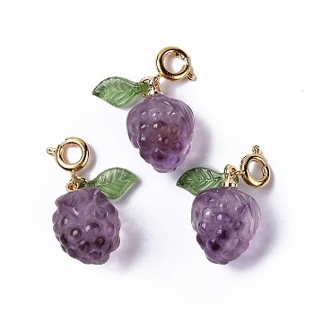Natural Amethyst Grape Spring Ring Clasp Charms, Rack Plating Brass Spring Ring Clasps, Golden, 24mm, Grape: 16.5x12mm, Leaf: 10x5x2mm