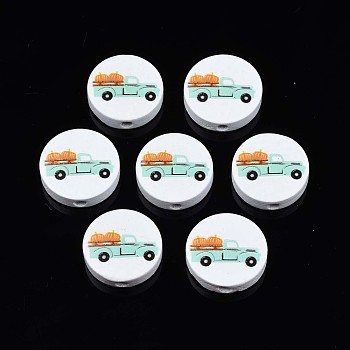 Autumn Theme Printed Natural Wood Beads, Flat Round with Truck & Pumpkin Pattern, White, 19~20x5.9mm, Hole: 2~2.2mm